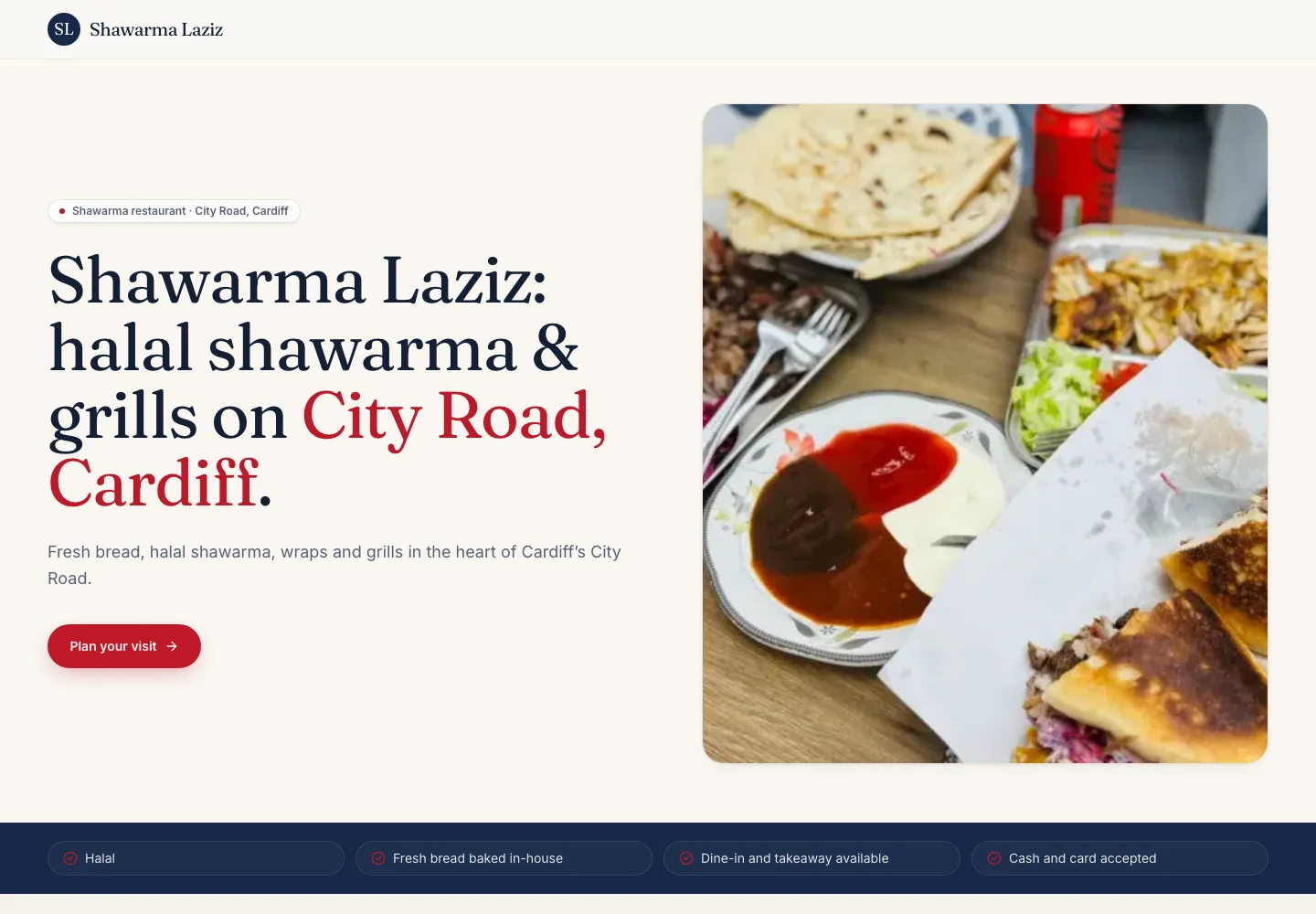 Laziz Local business page showing its restaurant hero and trust strip.