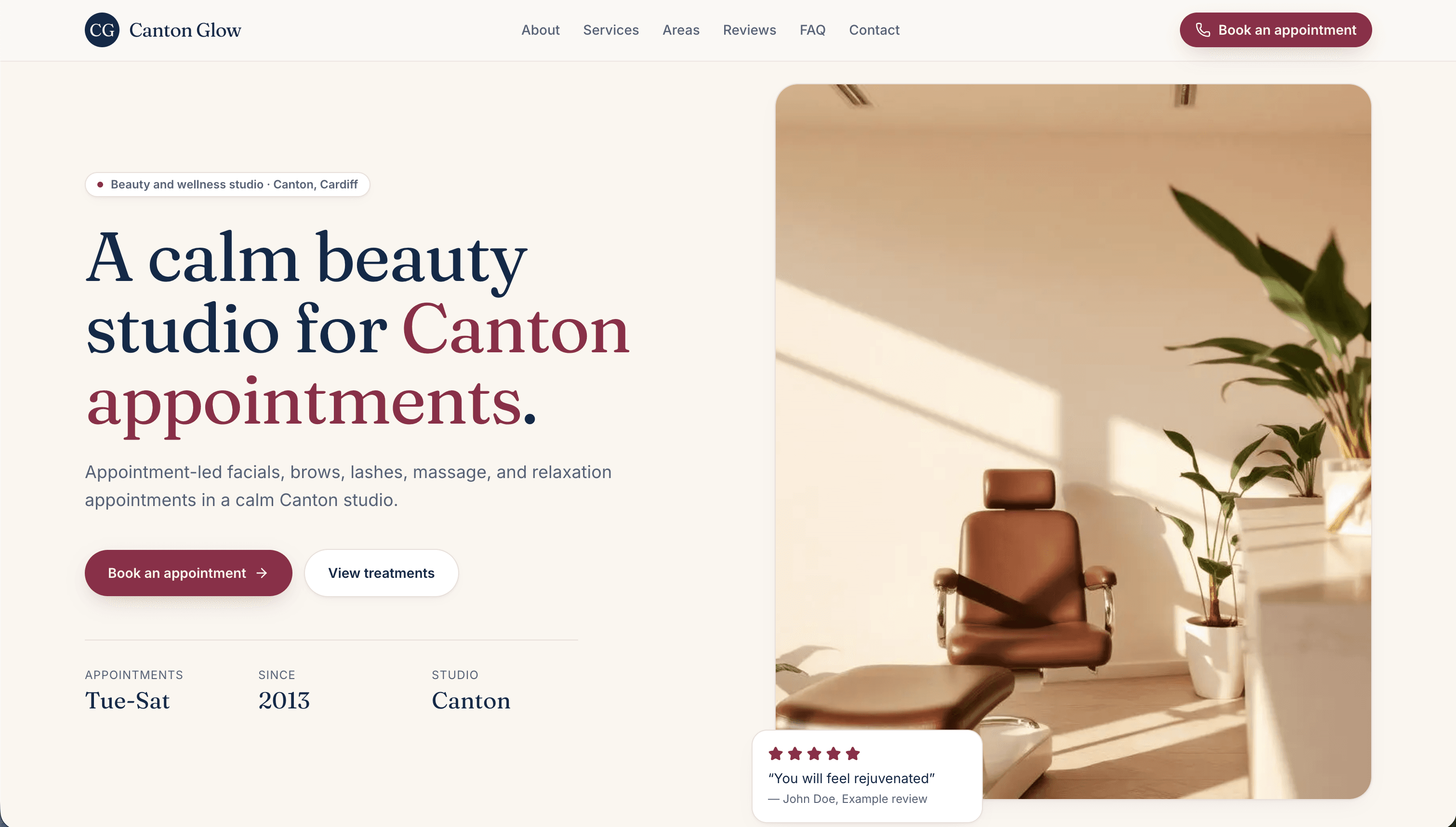 Example WeGrow Presence site screenshot for a fictional Cardiff beauty and wellness studio.