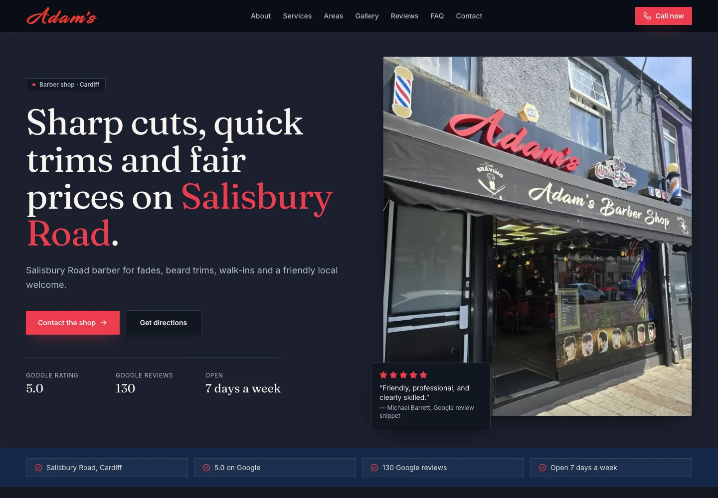 Adam’s Barber Shop Presence website showing the Salisbury Road barber shop