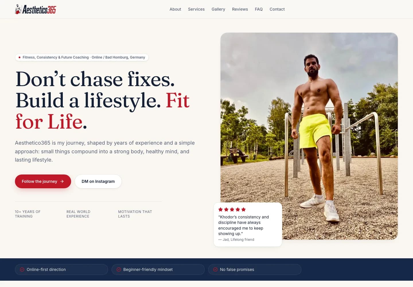 Aesthetico365 Presence website showing Khodor's coaching hero and fitness imagery.